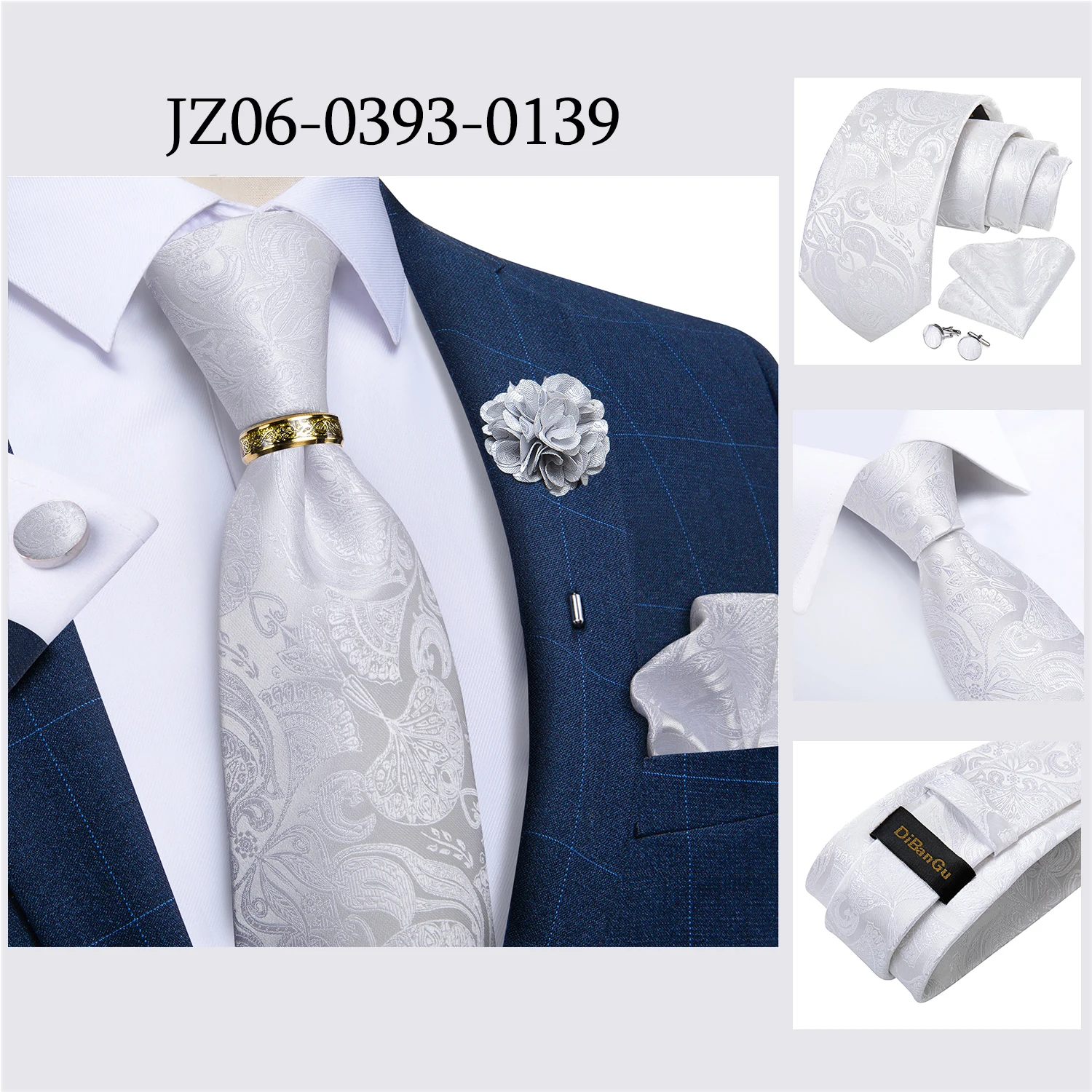 Handmade Paisley Floral Royal Blue Men's Neck Tie Classic 8cm Width Woven Jacquard Tie With Pocket Square Cufflinks Brooch