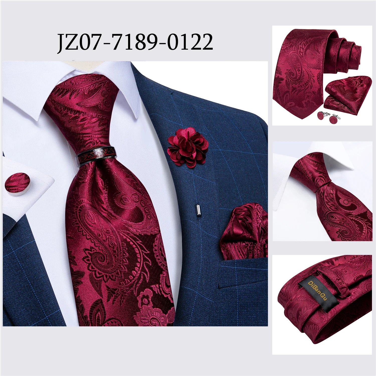 Handmade Paisley Floral Royal Blue Men's Neck Tie Classic 8cm Width Woven Jacquard Tie With Pocket Square Cufflinks Brooch