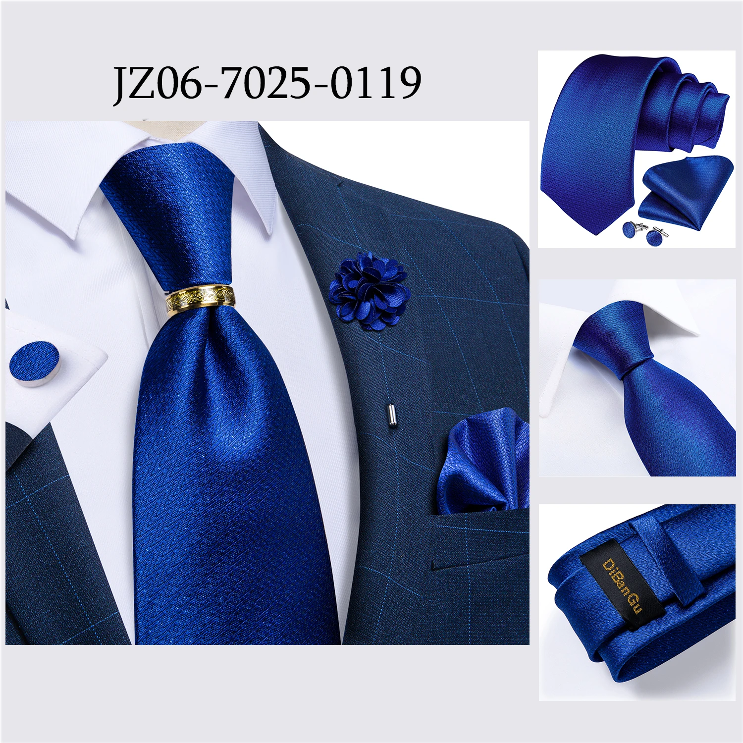 Handmade Paisley Floral Royal Blue Men's Neck Tie Classic 8cm Width Woven Jacquard Tie With Pocket Square Cufflinks Brooch