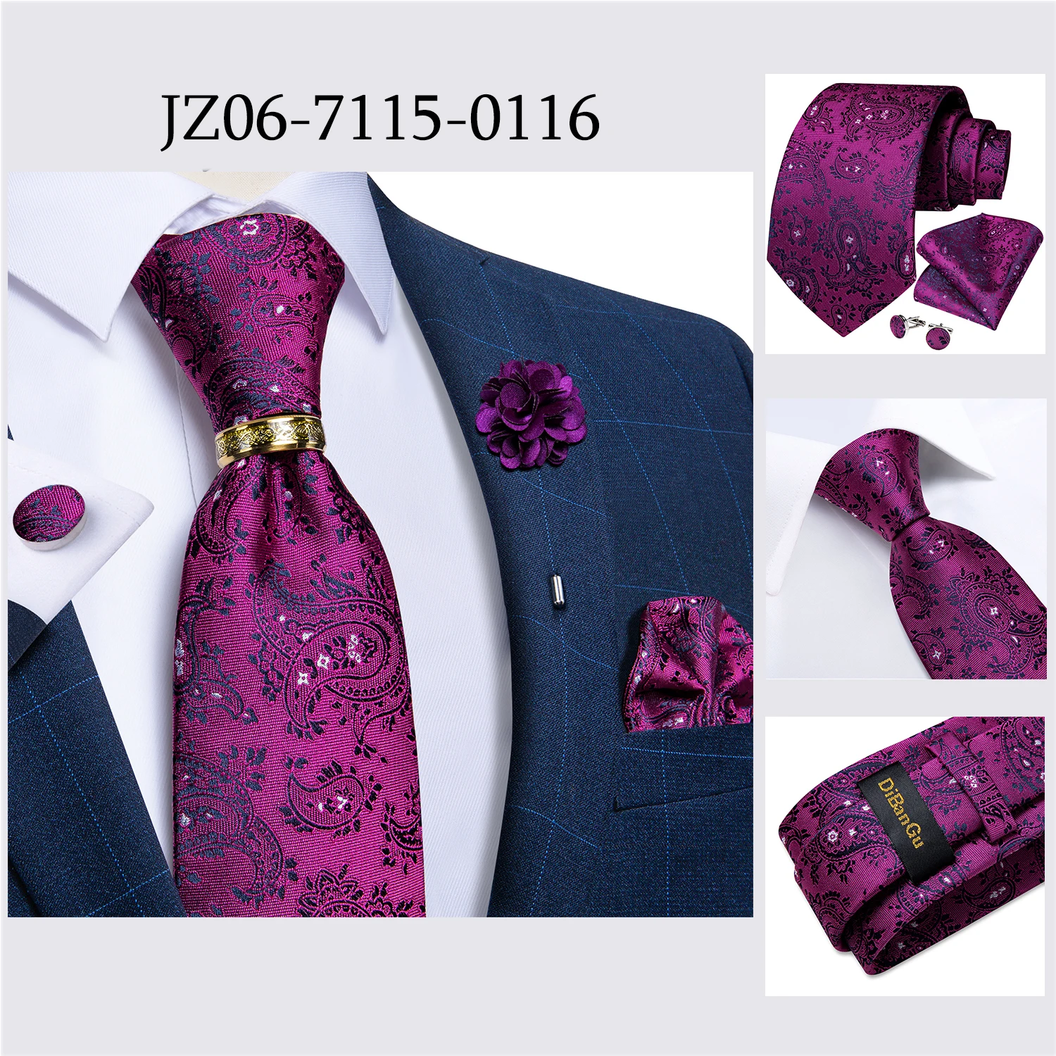 Handmade Paisley Floral Royal Blue Men's Neck Tie Classic 8cm Width Woven Jacquard Tie With Pocket Square Cufflinks Brooch