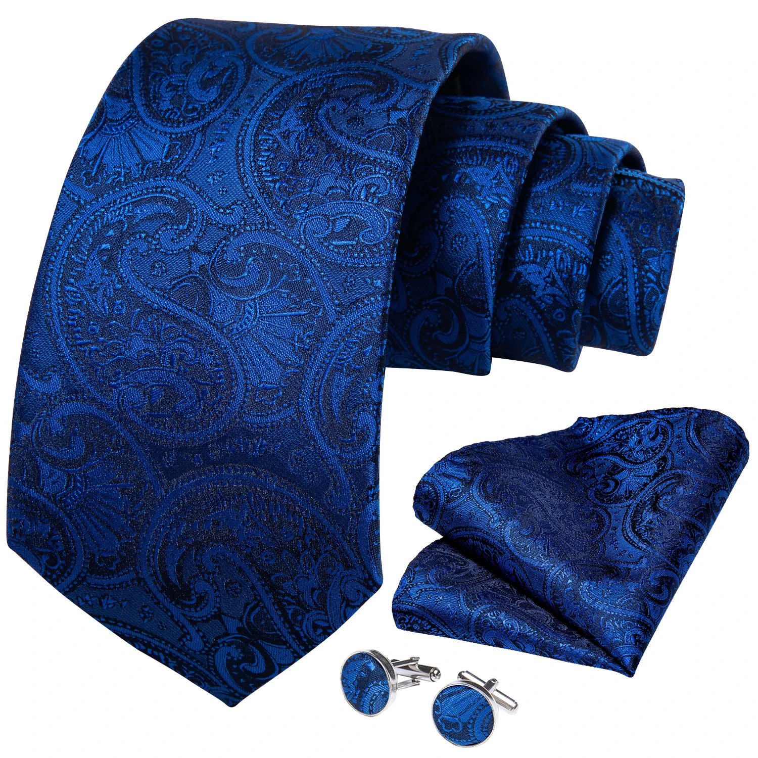 Handmade Paisley Floral Royal Blue Men's Neck Tie Classic 8cm Width Woven Jacquard Tie With Pocket Square Cufflinks Brooch