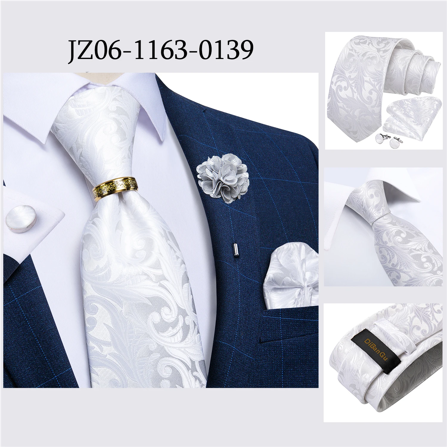 Handmade Paisley Floral Royal Blue Men's Neck Tie Classic 8cm Width Woven Jacquard Tie With Pocket Square Cufflinks Brooch
