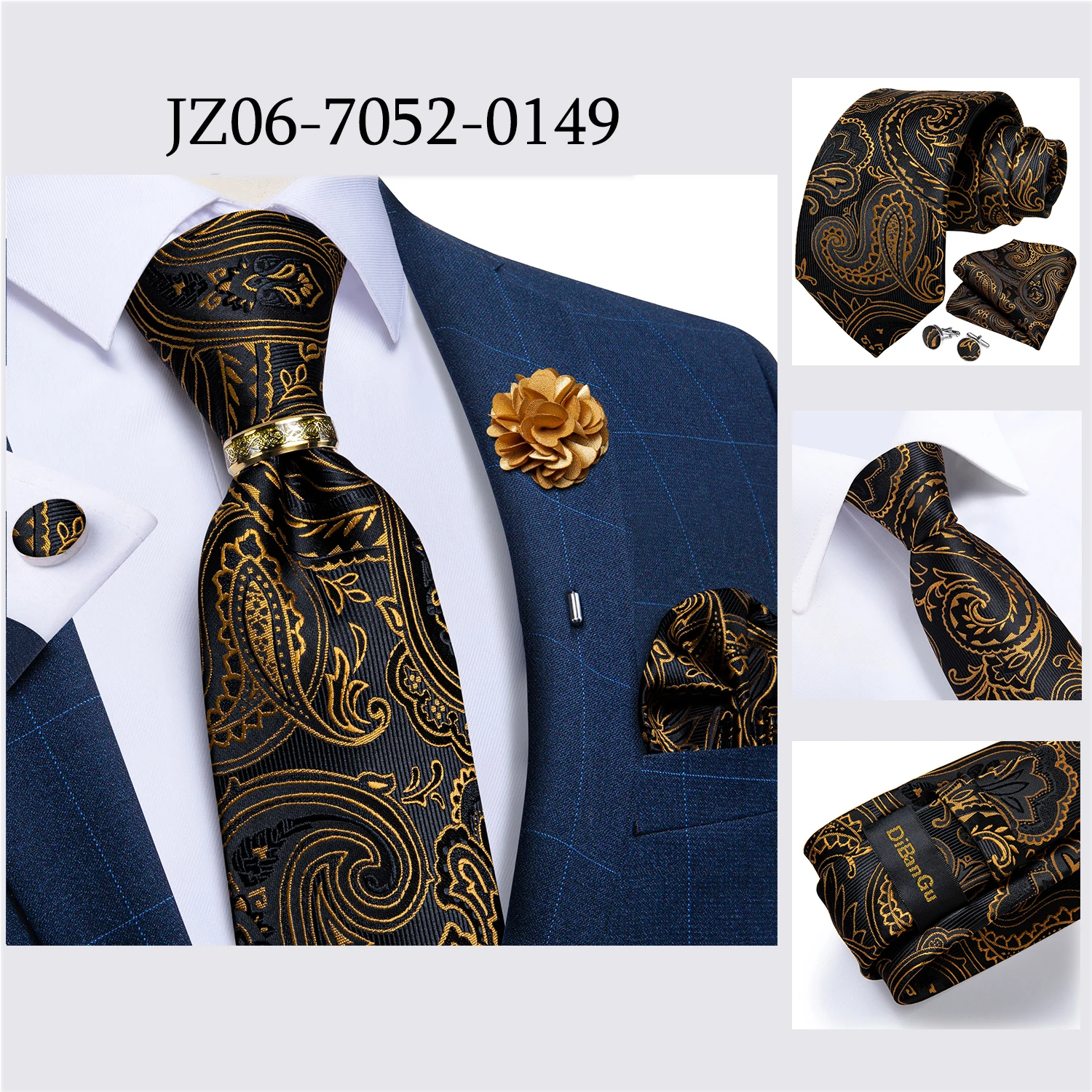 Handmade Paisley Floral Royal Blue Men's Neck Tie Classic 8cm Width Woven Jacquard Tie With Pocket Square Cufflinks Brooch