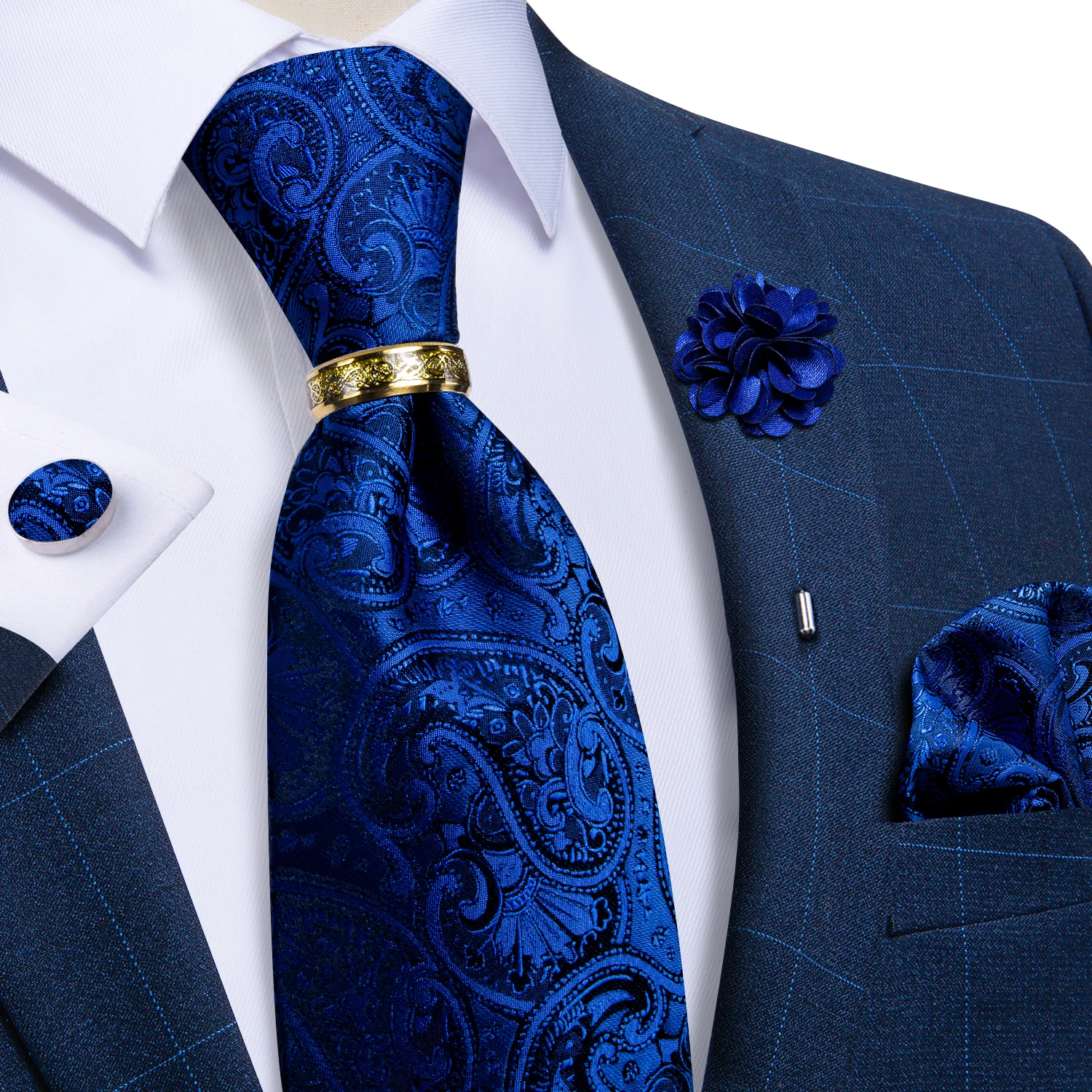 Handmade Paisley Floral Royal Blue Men's Neck Tie Classic 8cm Width Woven Jacquard Tie With Pocket Square Cufflinks Brooch