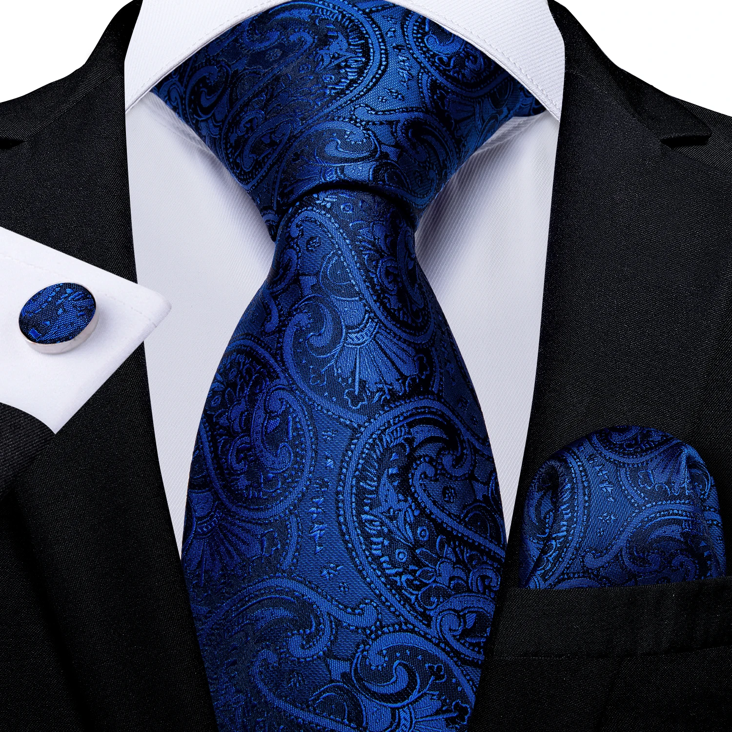 Handmade Paisley Floral Royal Blue Men's Neck Tie Classic 8cm Width Woven Jacquard Tie With Pocket Square Cufflinks Brooch
