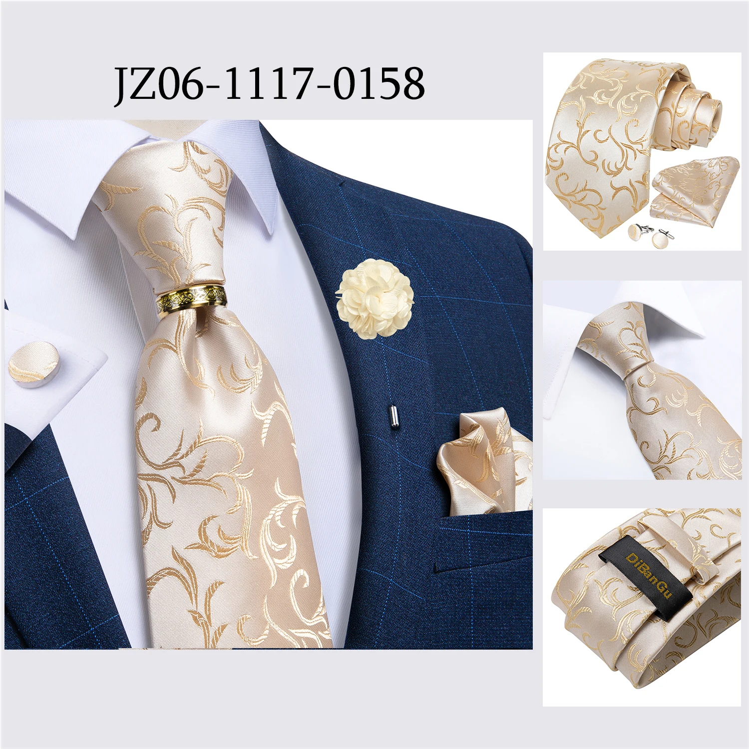 Handmade Paisley Floral Royal Blue Men's Neck Tie Classic 8cm Width Woven Jacquard Tie With Pocket Square Cufflinks Brooch