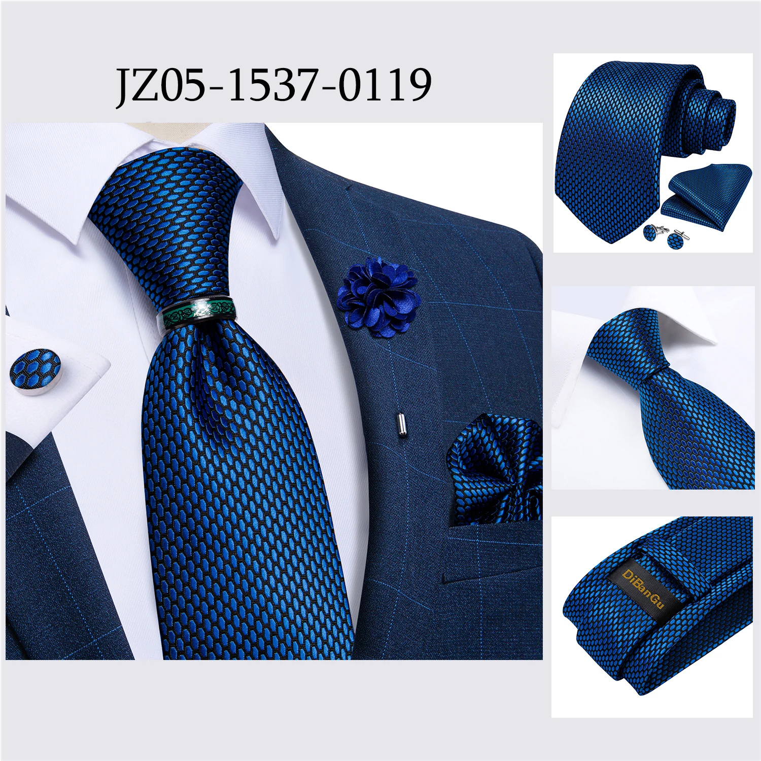 Handmade Paisley Floral Royal Blue Men's Neck Tie Classic 8cm Width Woven Jacquard Tie With Pocket Square Cufflinks Brooch