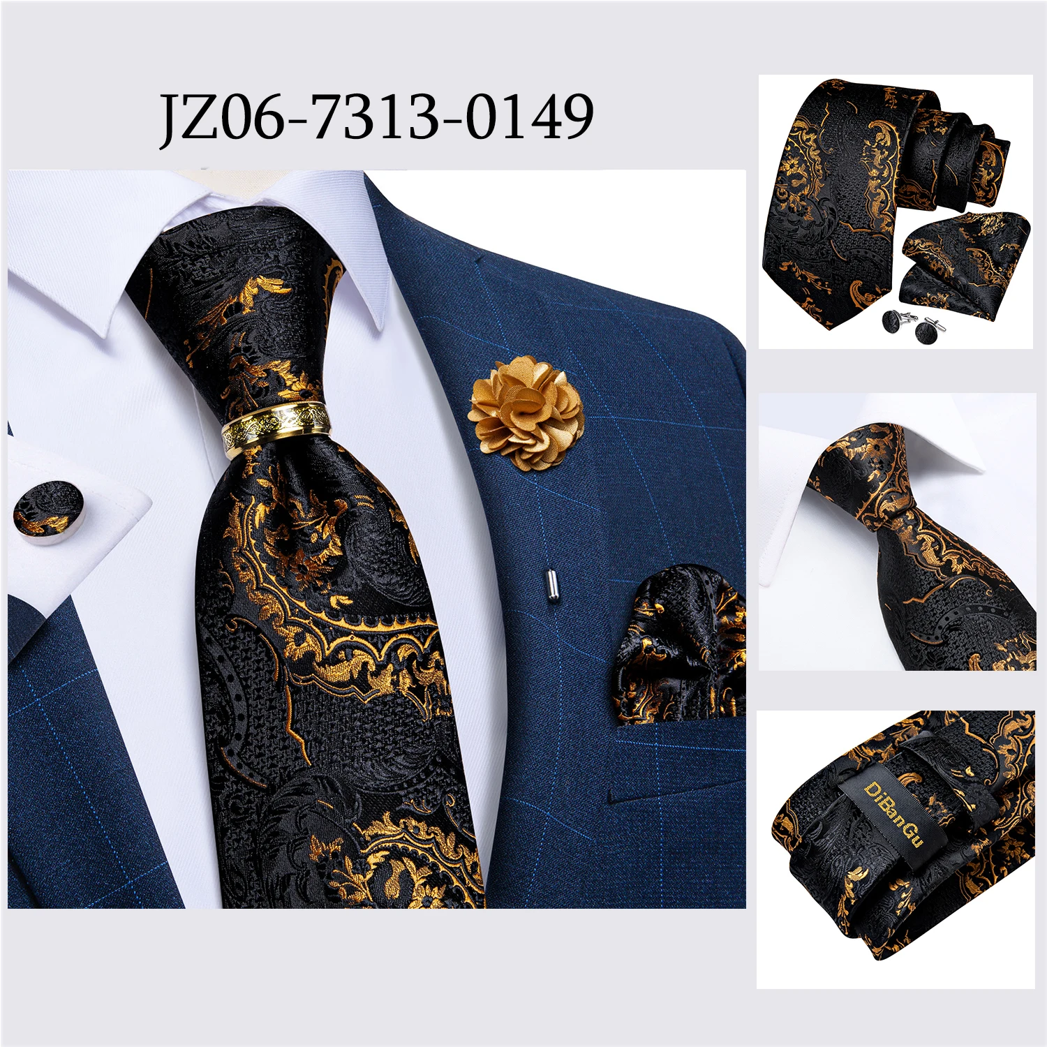 Handmade Paisley Floral Royal Blue Men's Neck Tie Classic 8cm Width Woven Jacquard Tie With Pocket Square Cufflinks Brooch