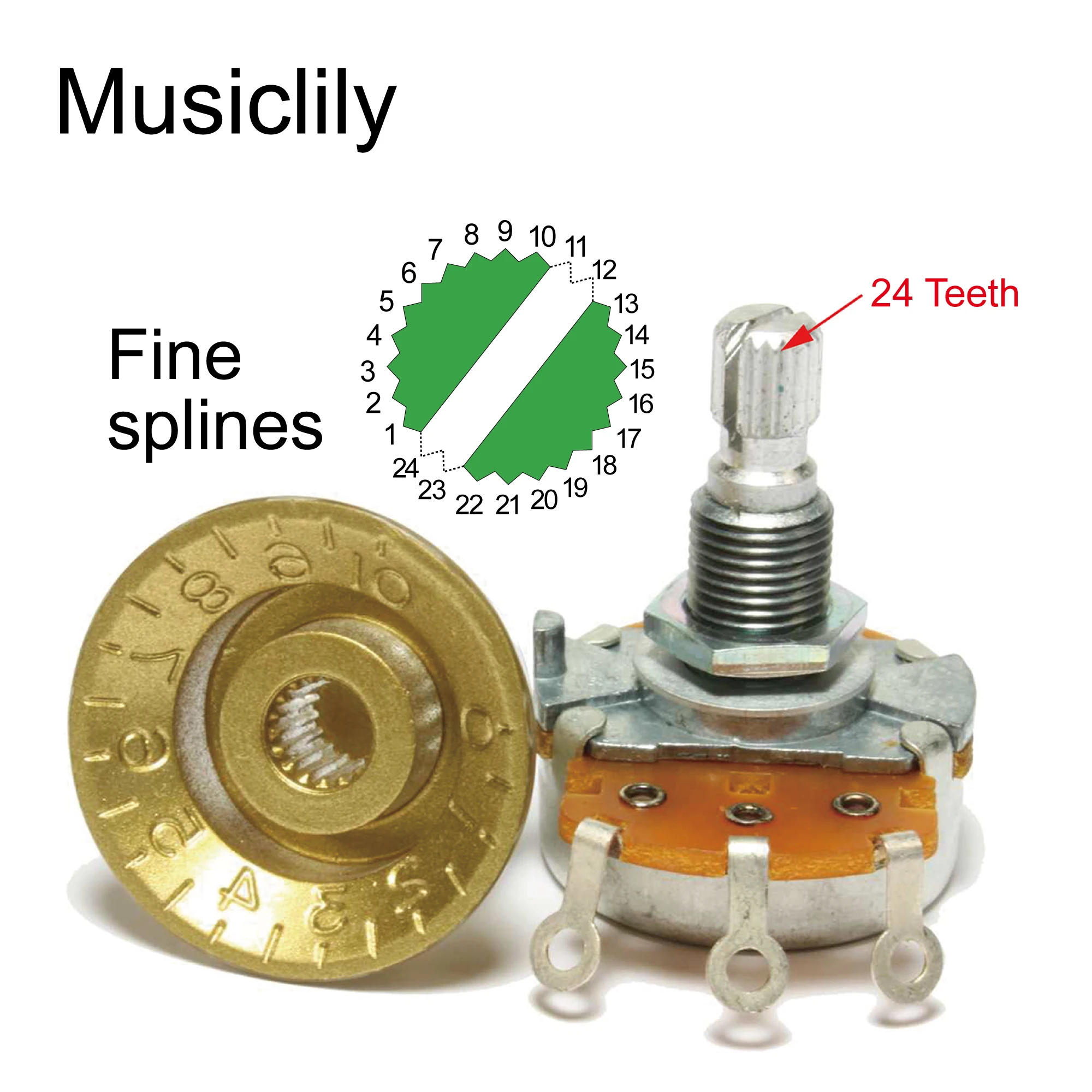 Musiclily Pro Left Handed Inch Size Fine 24-Spline Top Hat Bell Knobs Tone Volume Control Knobs for USA LP SG (Set of 2T2V)
