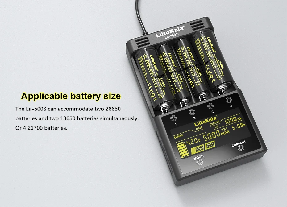 LiitoKala Lii-500S Smart Charger 4 Slot LCD 18650 26650 21700 14500 Li-ion NiMH AA AAA Fast Charge Capacity Test Discharge