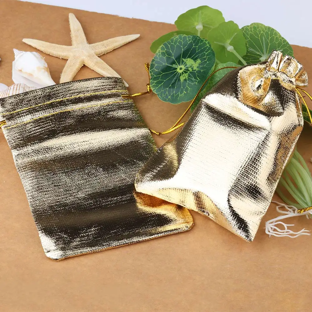 25/50pcs 7x9/9x12/10x15cm Fabric Packing Gift Bags Gold Color Jewelry Packaging Bag Wedding Party Present Drawstring Pouch