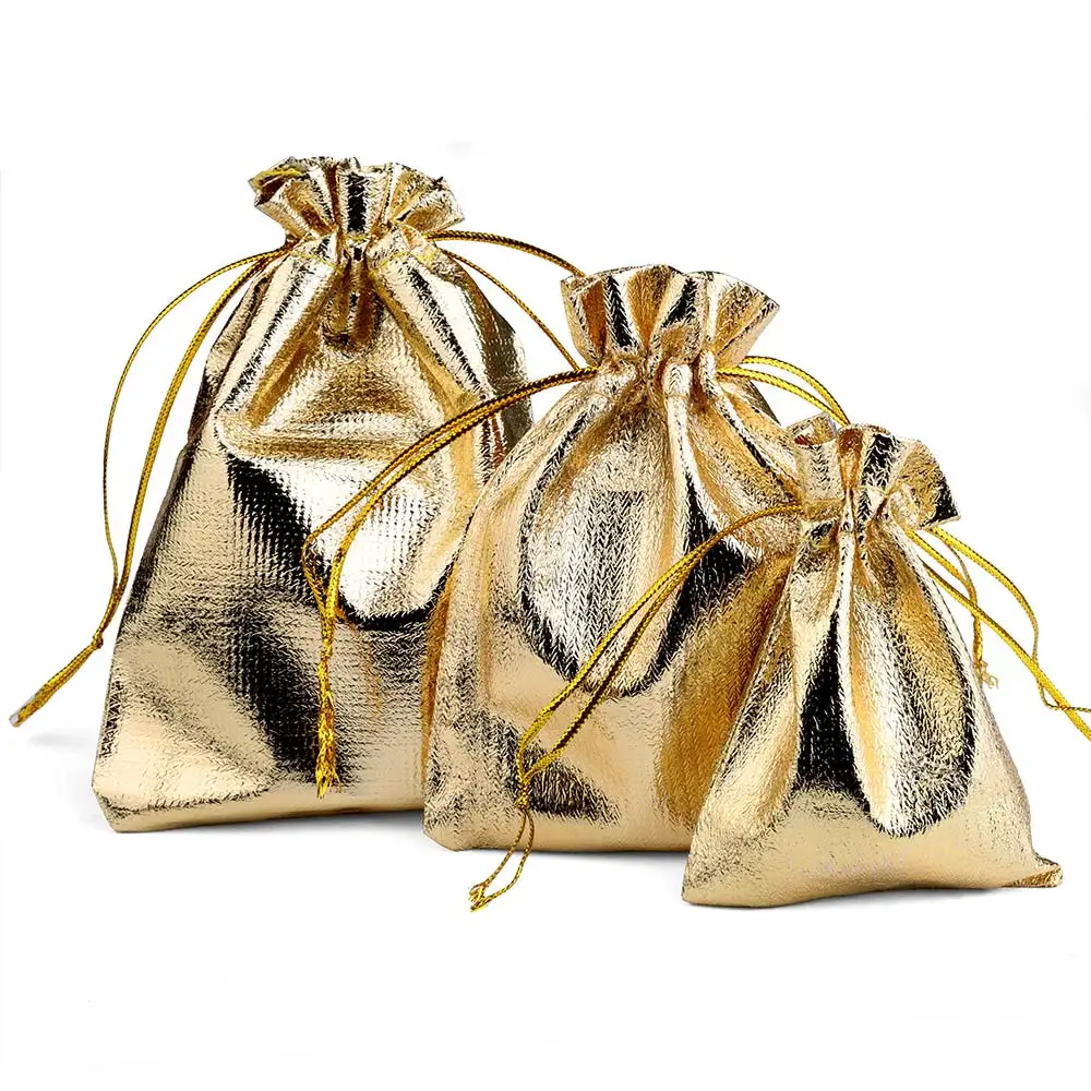 25/50pcs 7x9/9x12/10x15cm Fabric Packing Gift Bags Gold Color Jewelry Packaging Bag Wedding Party Present Drawstring Pouch