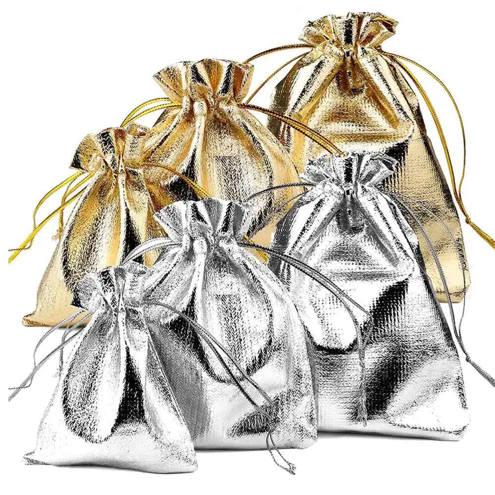 25/50pcs 7x9/9x12/10x15cm Fabric Packing Gift Bags Gold Color Jewelry Packaging Bag Wedding Party Present Drawstring Pouch
