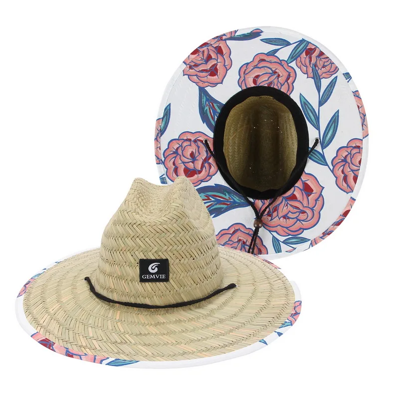 Fashion Lifeguard Hat Straw Weave Lady Summer Beach Sun Hat Outdoor Printing Wide Brim Panama Hat Size 57-60CM