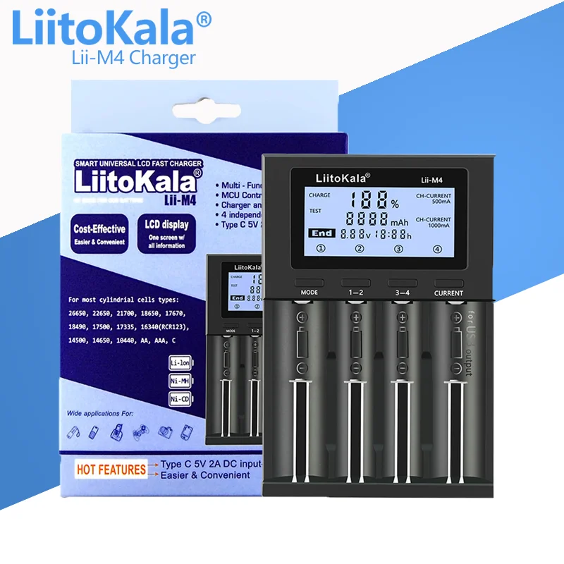 1-5PCS LiitoKala Lii-M4S Lii-M4 18650 Smart Charger LCD Display for 26650 21700 32650 20700 21700 16340 AA AAA battery