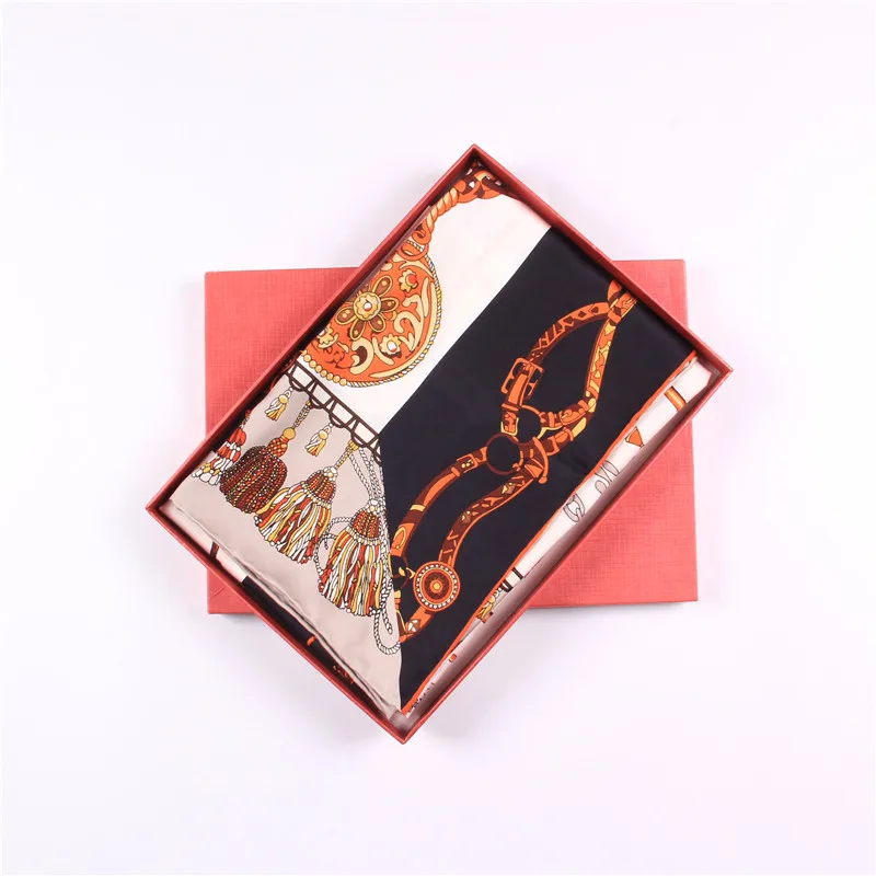 Manual Hand Rolled Twill Silk Scarf Women Tassel Chain Print Square Scarves Wraps Echarpe Curled Foulards Femme Bandana Hijabs