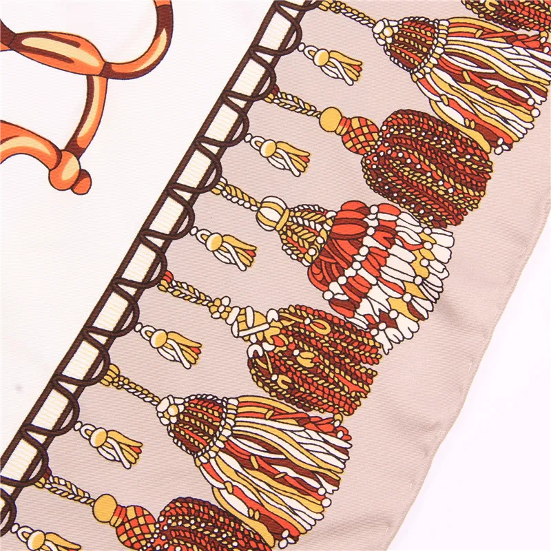 Manual Hand Rolled Twill Silk Scarf Women Tassel Chain Print Square Scarves Wraps Echarpe Curled Foulards Femme Bandana Hijabs
