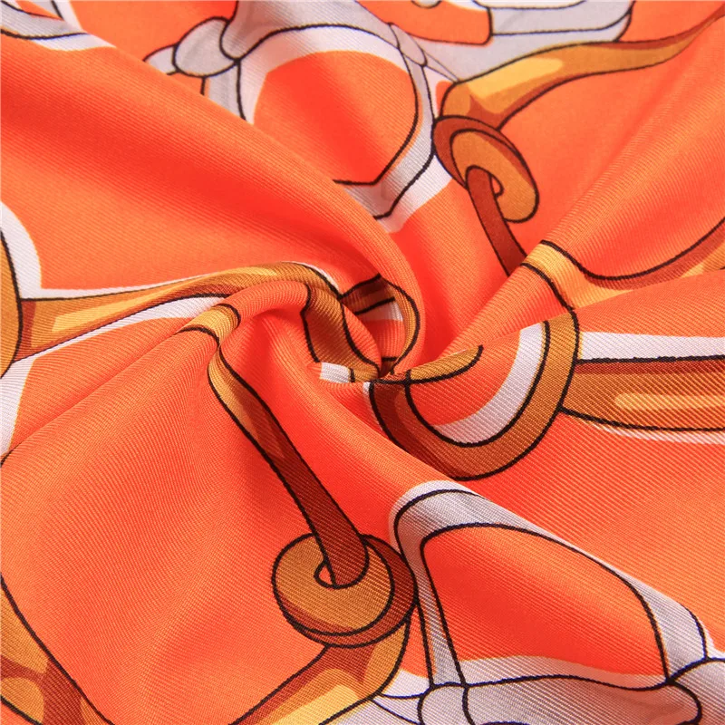 Manual Hand Rolled Twill Silk Scarf Women Tassel Chain Print Square Scarves Wraps Echarpe Curled Foulards Femme Bandana Hijabs