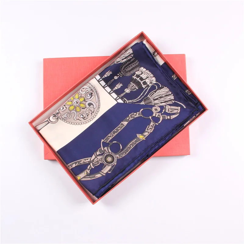 Manual Hand Rolled Twill Silk Scarf Women Tassel Chain Print Square Scarves Wraps Echarpe Curled Foulards Femme Bandana Hijabs