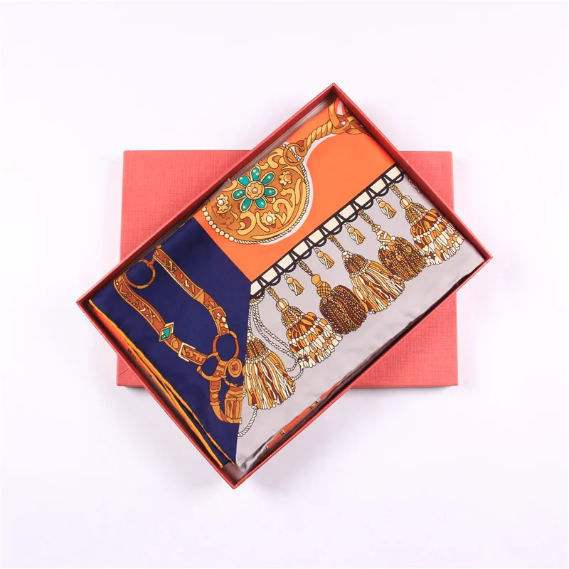 Manual Hand Rolled Twill Silk Scarf Women Tassel Chain Print Square Scarves Wraps Echarpe Curled Foulards Femme Bandana Hijabs