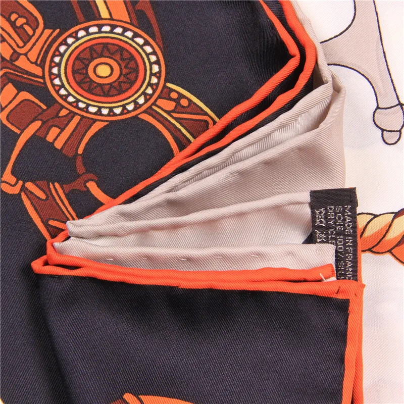 Manual Hand Rolled Twill Silk Scarf Women Tassel Chain Print Square Scarves Wraps Echarpe Curled Foulards Femme Bandana Hijabs