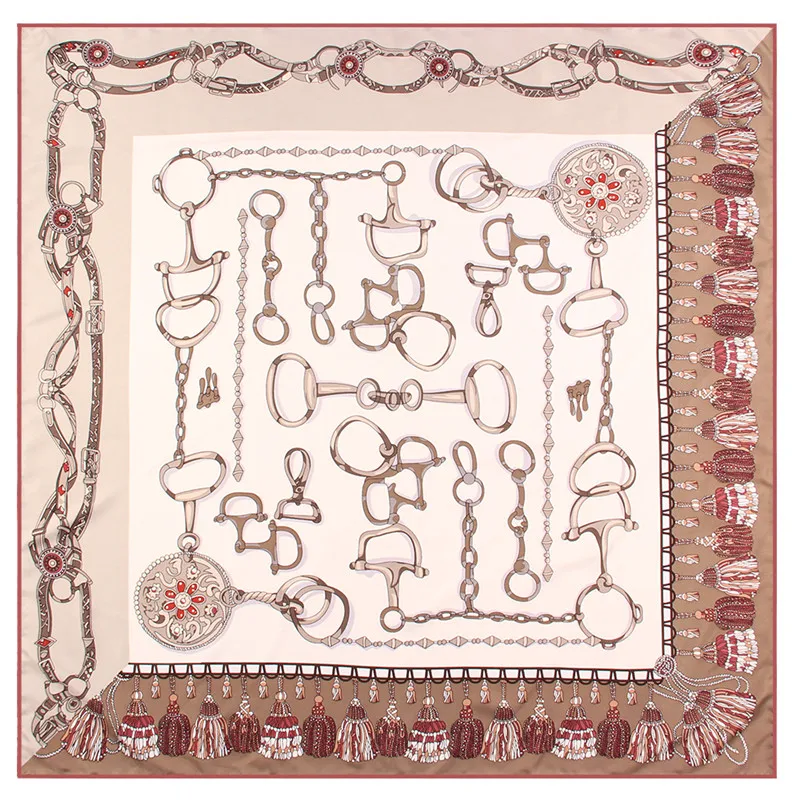 Manual Hand Rolled Twill Silk Scarf Women Tassel Chain Print Square Scarves Wraps Echarpe Curled Foulards Femme Bandana Hijabs