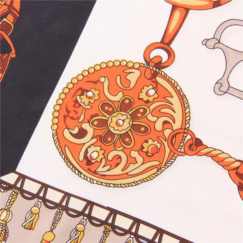 Manual Hand Rolled Twill Silk Scarf Women Tassel Chain Print Square Scarves Wraps Echarpe Curled Foulards Femme Bandana Hijabs