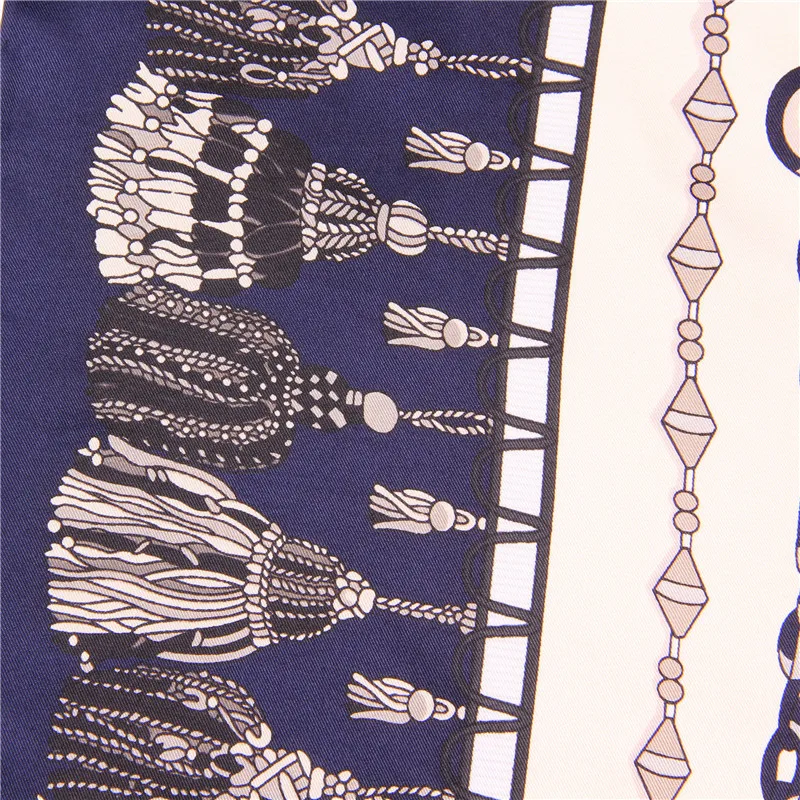 Manual Hand Rolled Twill Silk Scarf Women Tassel Chain Print Square Scarves Wraps Echarpe Curled Foulards Femme Bandana Hijabs