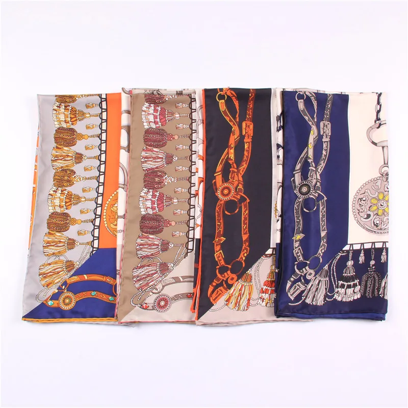 Manual Hand Rolled Twill Silk Scarf Women Tassel Chain Print Square Scarves Wraps Echarpe Curled Foulards Femme Bandana Hijabs