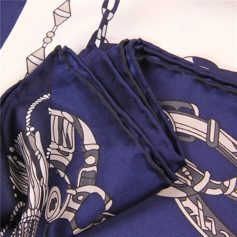 Manual Hand Rolled Twill Silk Scarf Women Tassel Chain Print Square Scarves Wraps Echarpe Curled Foulards Femme Bandana Hijabs