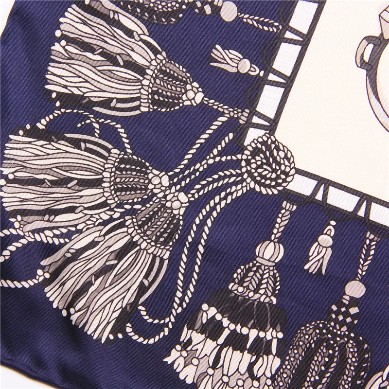 Manual Hand Rolled Twill Silk Scarf Women Tassel Chain Print Square Scarves Wraps Echarpe Curled Foulards Femme Bandana Hijabs