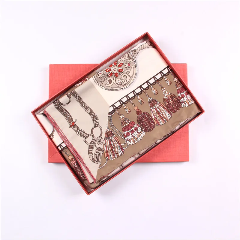 Manual Hand Rolled Twill Silk Scarf Women Tassel Chain Print Square Scarves Wraps Echarpe Curled Foulards Femme Bandana Hijabs