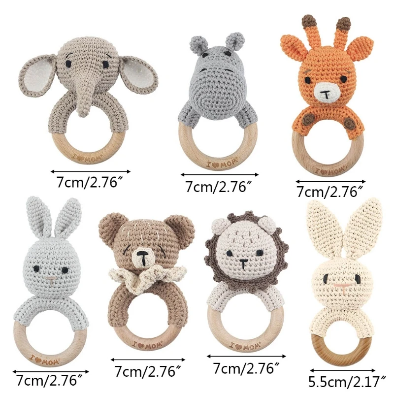 Baby Rattles DIY Crochet Cartoon Lion Fox Doll Hand Bell Carved Wooden Ring Teething Toys Newborn Molar Teether Educational Toy
