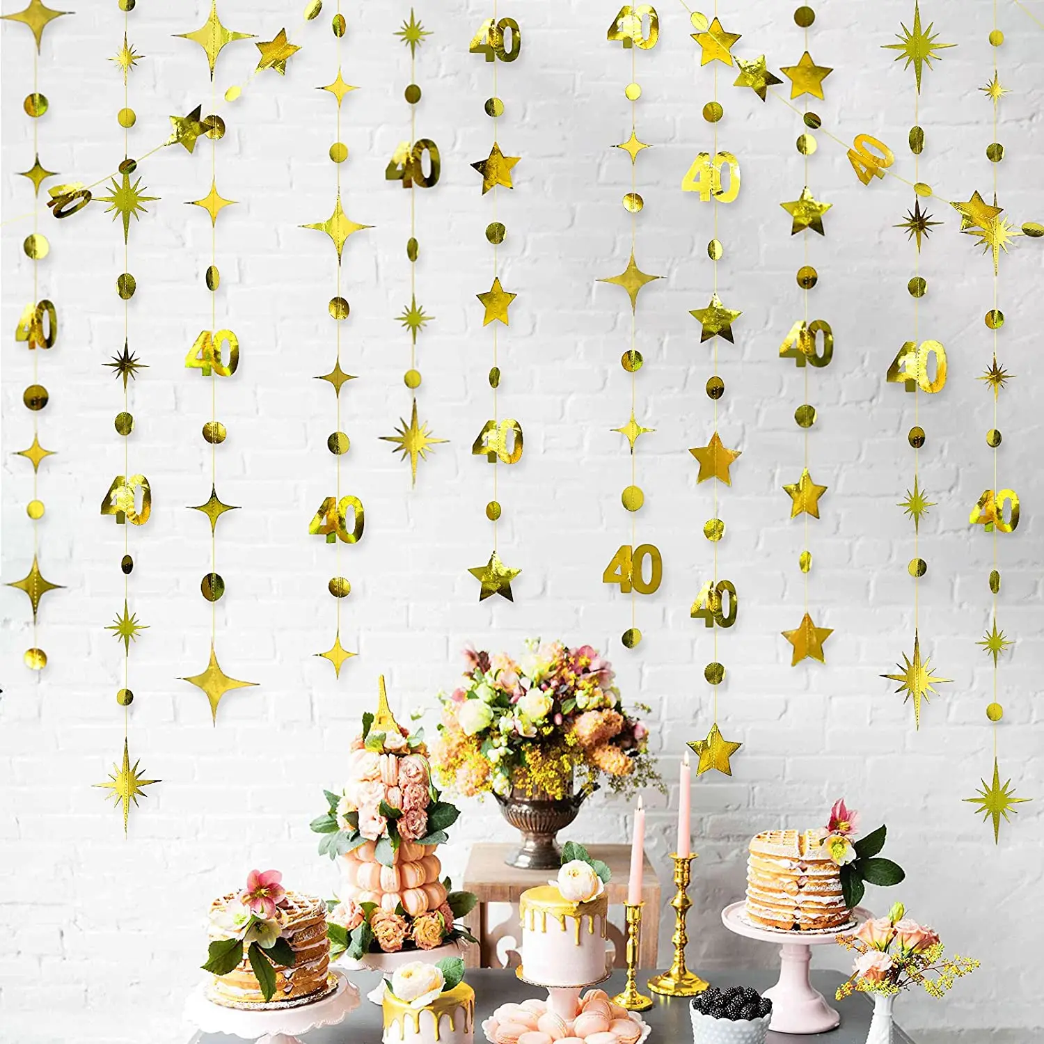 Gold 40th Birthday Banner Decorations Number 40 Circle Dot Twinkle Star Garlands Hanging Backdrop for 40 Year Old Birthday Party