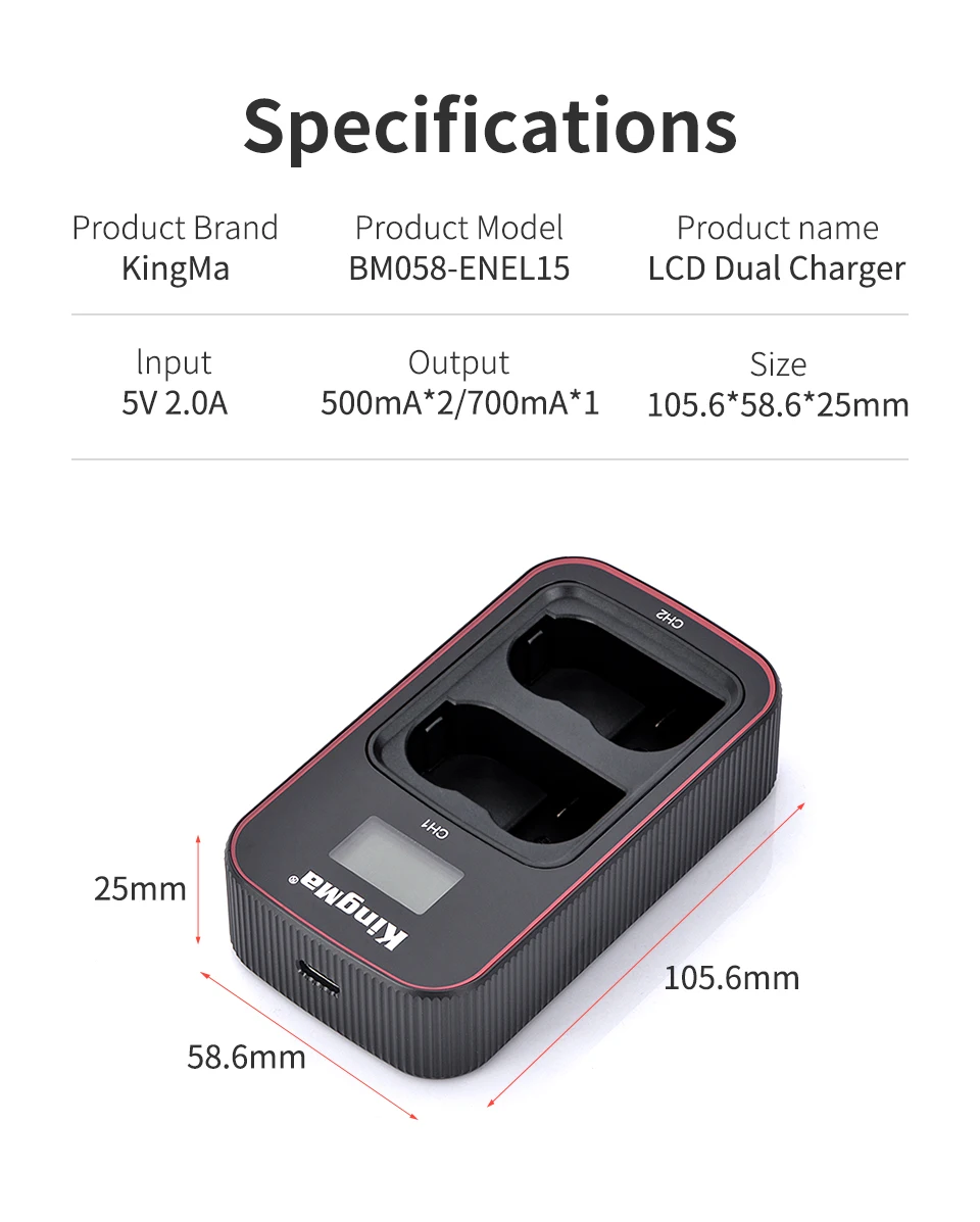 KingMa EN-EL15 ENEL15 Battery LCD Dual Charger For Nikon Z5 Z6 Z6II Z7 Z7II D500 D600 D610 D750 D780 D800 D800E D810 D810A D850