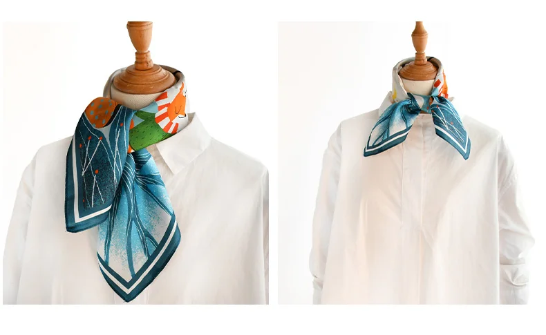 Blue lovely fox natural silk scarf women 100% real silk scarves children 50cm small square headband wrap gift for lady and baby