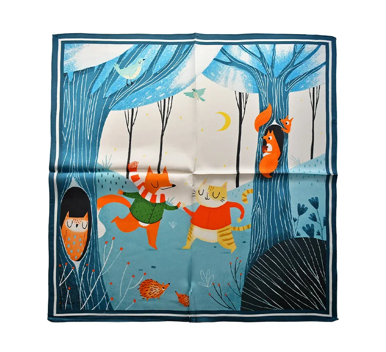 Blue lovely fox natural silk scarf women 100% real silk scarves children 50cm small square headband wrap gift for lady and baby