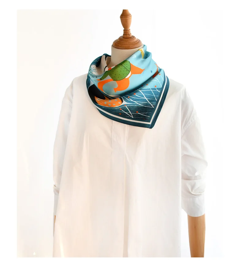 Blue lovely fox natural silk scarf women 100% real silk scarves children 50cm small square headband wrap gift for lady and baby