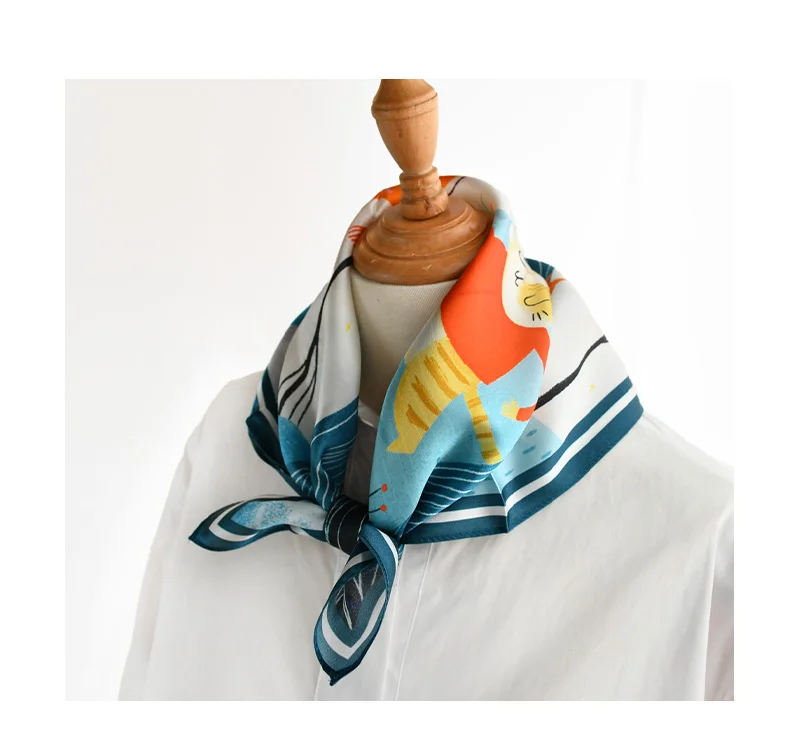 Blue lovely fox natural silk scarf women 100% real silk scarves children 50cm small square headband wrap gift for lady and baby