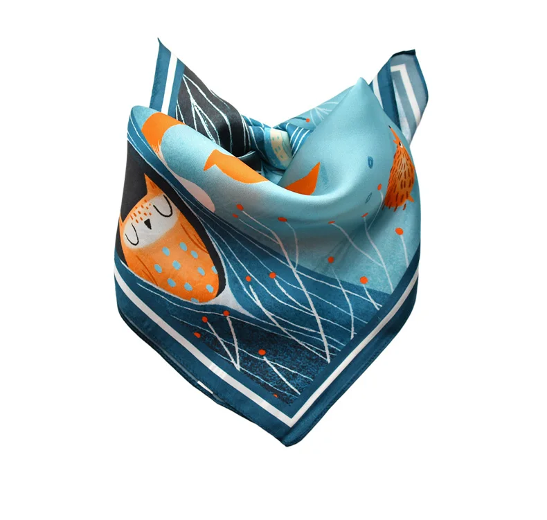 Blue lovely fox natural silk scarf women 100% real silk scarves children 50cm small square headband wrap gift for lady and baby