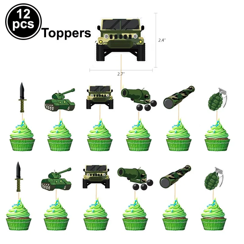Army Birthday Party Decor Camo Cake Toppers Camouflage Tank Plane Cupcake Topper Birthday Soldier Military Party Supplies