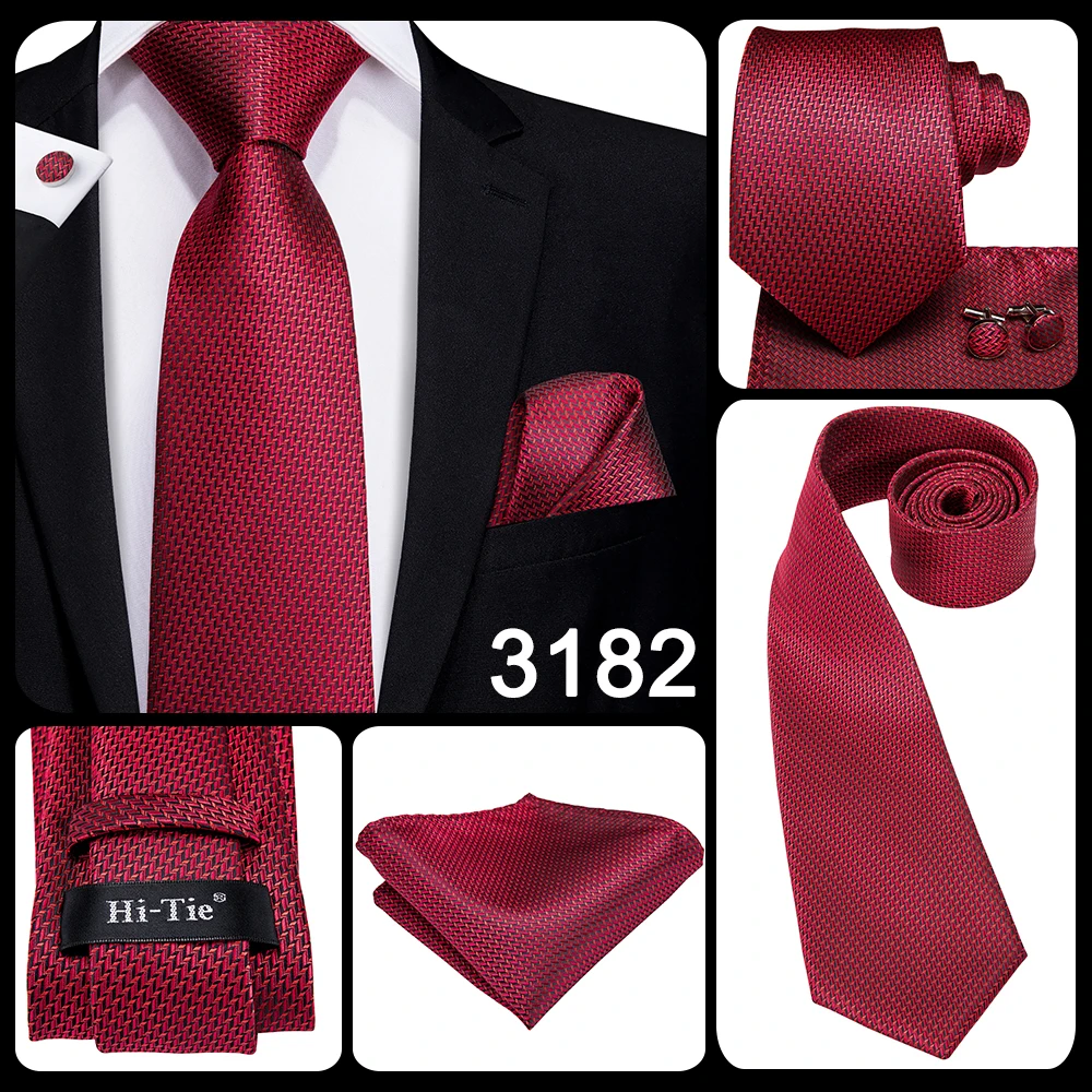 Mens Gift Tie Set Red Wine Burgundy Paisley Wedding Floral Maroon NeckTie For Men Fashion Design Hanky Cufflinks silk Business