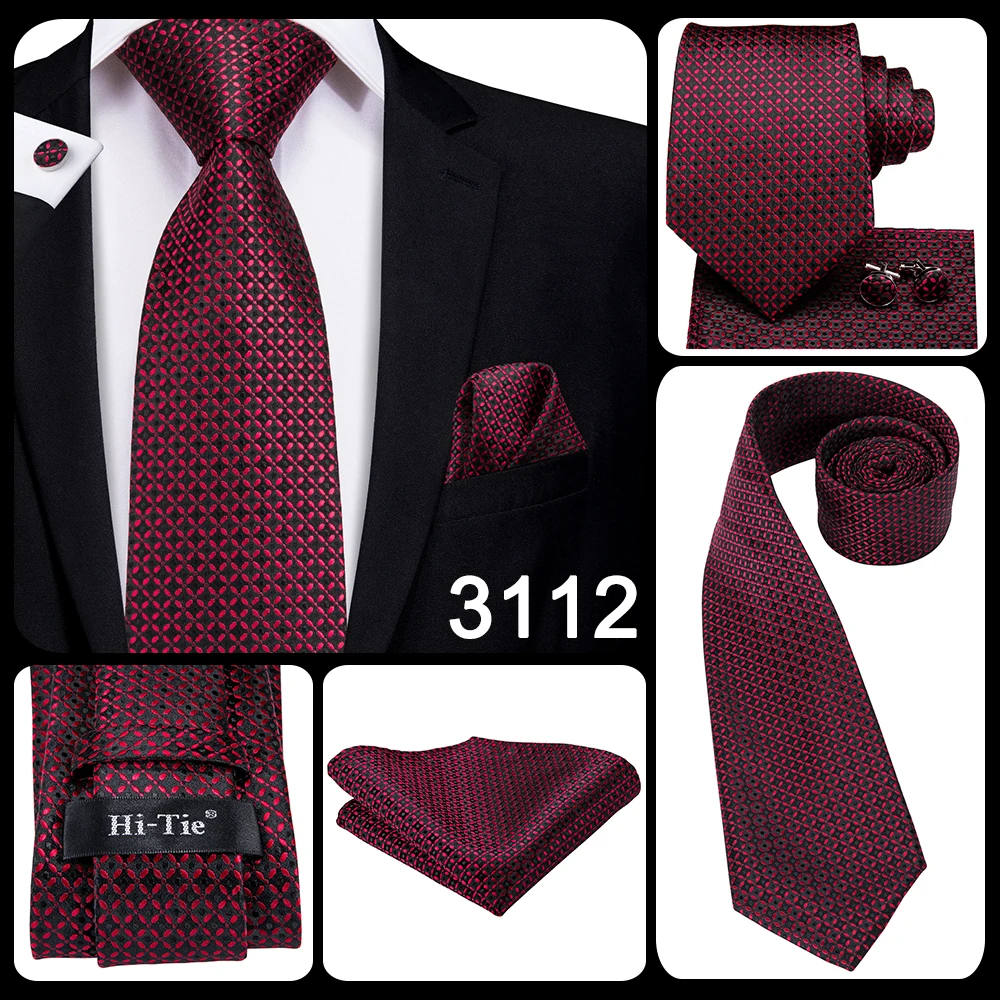 Mens Gift Tie Set Red Wine Burgundy Paisley Wedding Floral Maroon NeckTie For Men Fashion Design Hanky Cufflinks silk Business