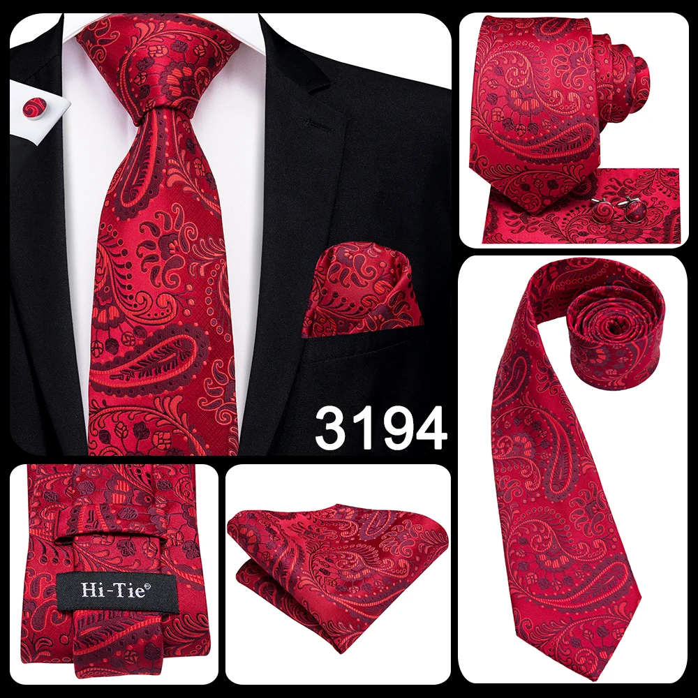 Mens Gift Tie Set Red Wine Burgundy Paisley Wedding Floral Maroon NeckTie For Men Fashion Design Hanky Cufflinks silk Business
