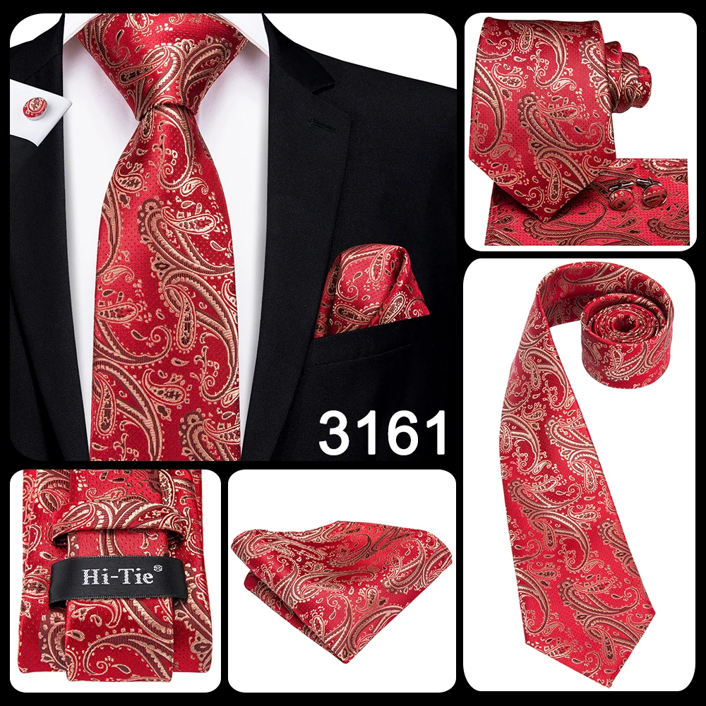 Mens Gift Tie Set Red Wine Burgundy Paisley Wedding Floral Maroon NeckTie For Men Fashion Design Hanky Cufflinks silk Business