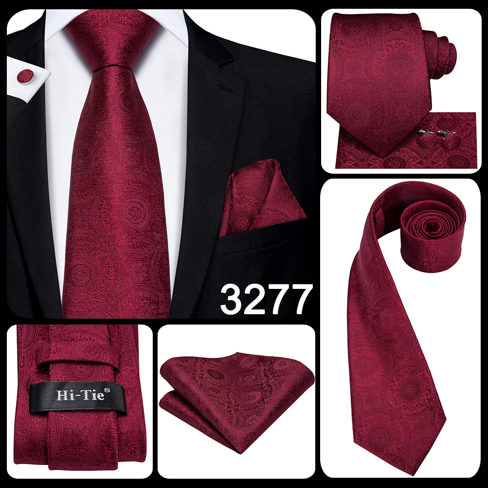 Mens Gift Tie Set Red Wine Burgundy Paisley Wedding Floral Maroon NeckTie For Men Fashion Design Hanky Cufflinks silk Business