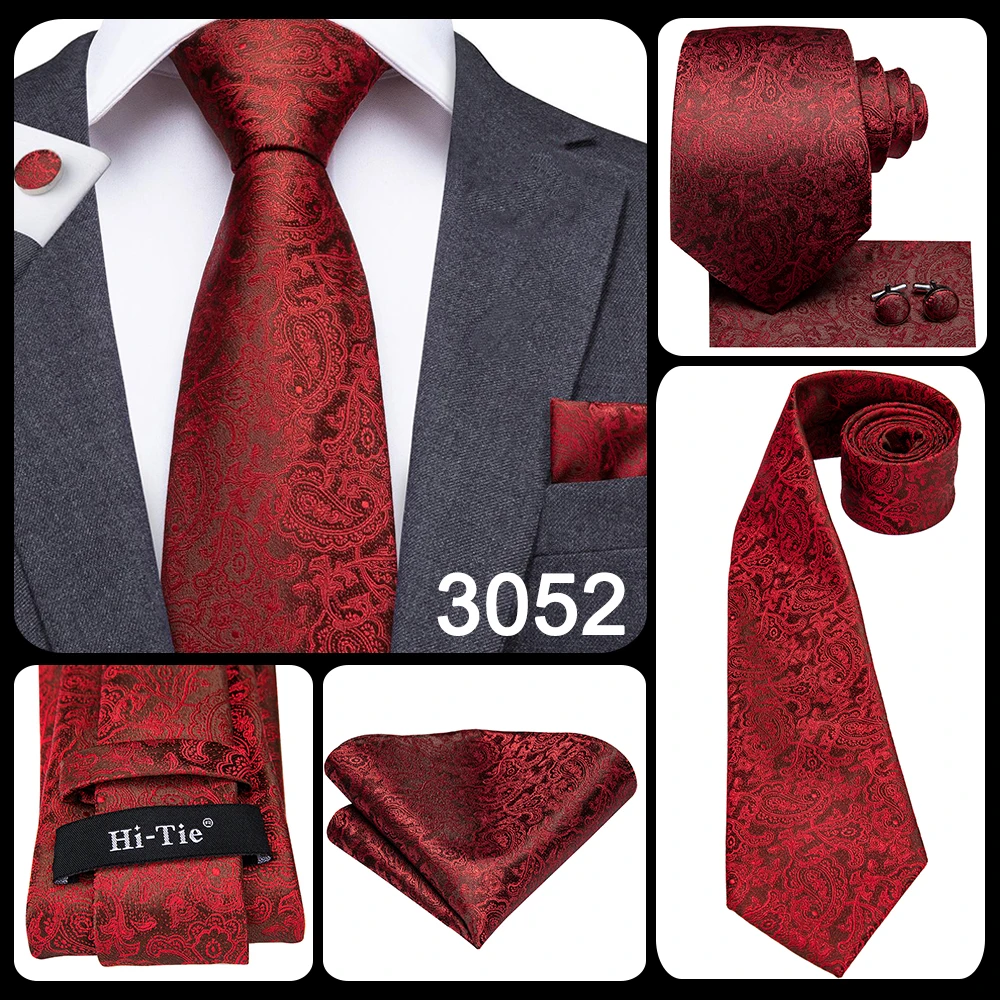 Mens Gift Tie Set Red Wine Burgundy Paisley Wedding Floral Maroon NeckTie For Men Fashion Design Hanky Cufflinks silk Business