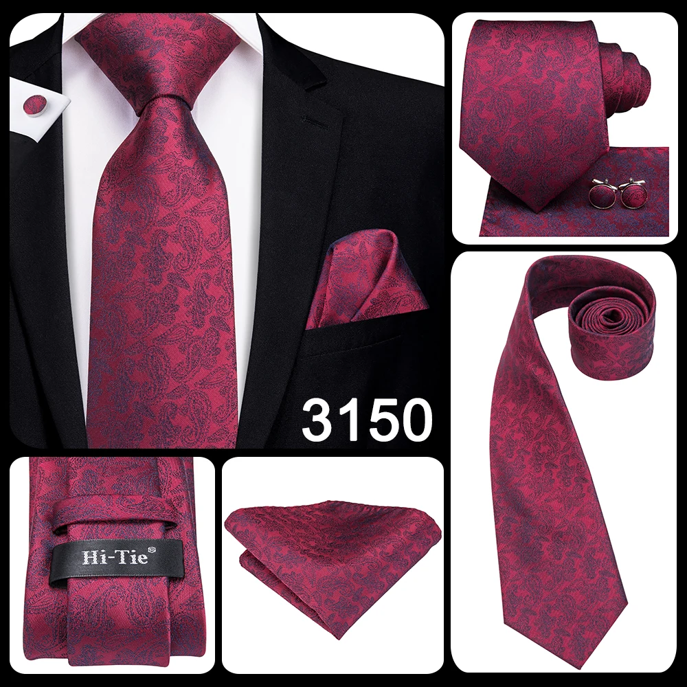 Mens Gift Tie Set Red Wine Burgundy Paisley Wedding Floral Maroon NeckTie For Men Fashion Design Hanky Cufflinks silk Business