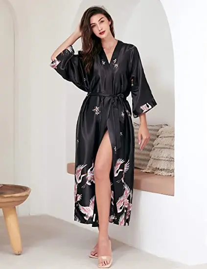 Satin Sleepwear Women Brides Wedding Robe Sleepwear Silky Nightgown Casual Bathrobe Animal Rayon Long Nightgown Kimono Bathrobe