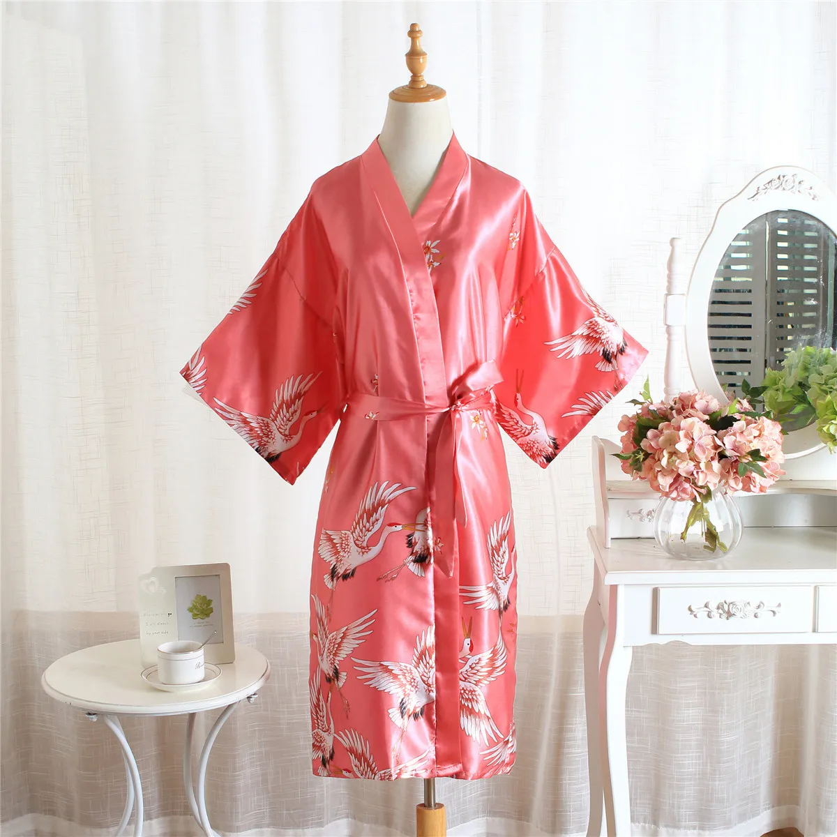 Satin Sleepwear Women Brides Wedding Robe Sleepwear Silky Nightgown Casual Bathrobe Animal Rayon Long Nightgown Kimono Bathrobe